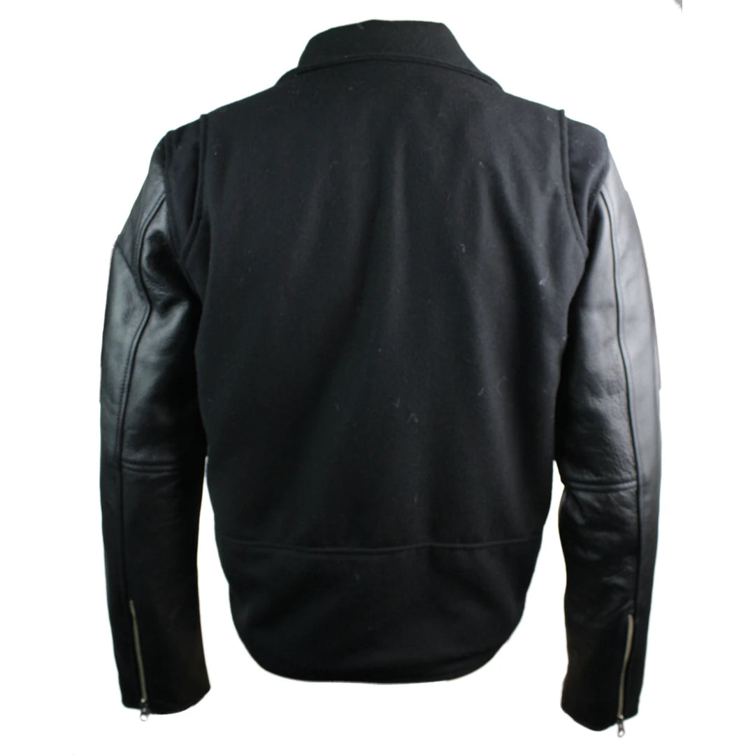 Mens Wool Brando Style Jacket Real Leather Sleeves Retro Vintage Biker Black-TruClothing
