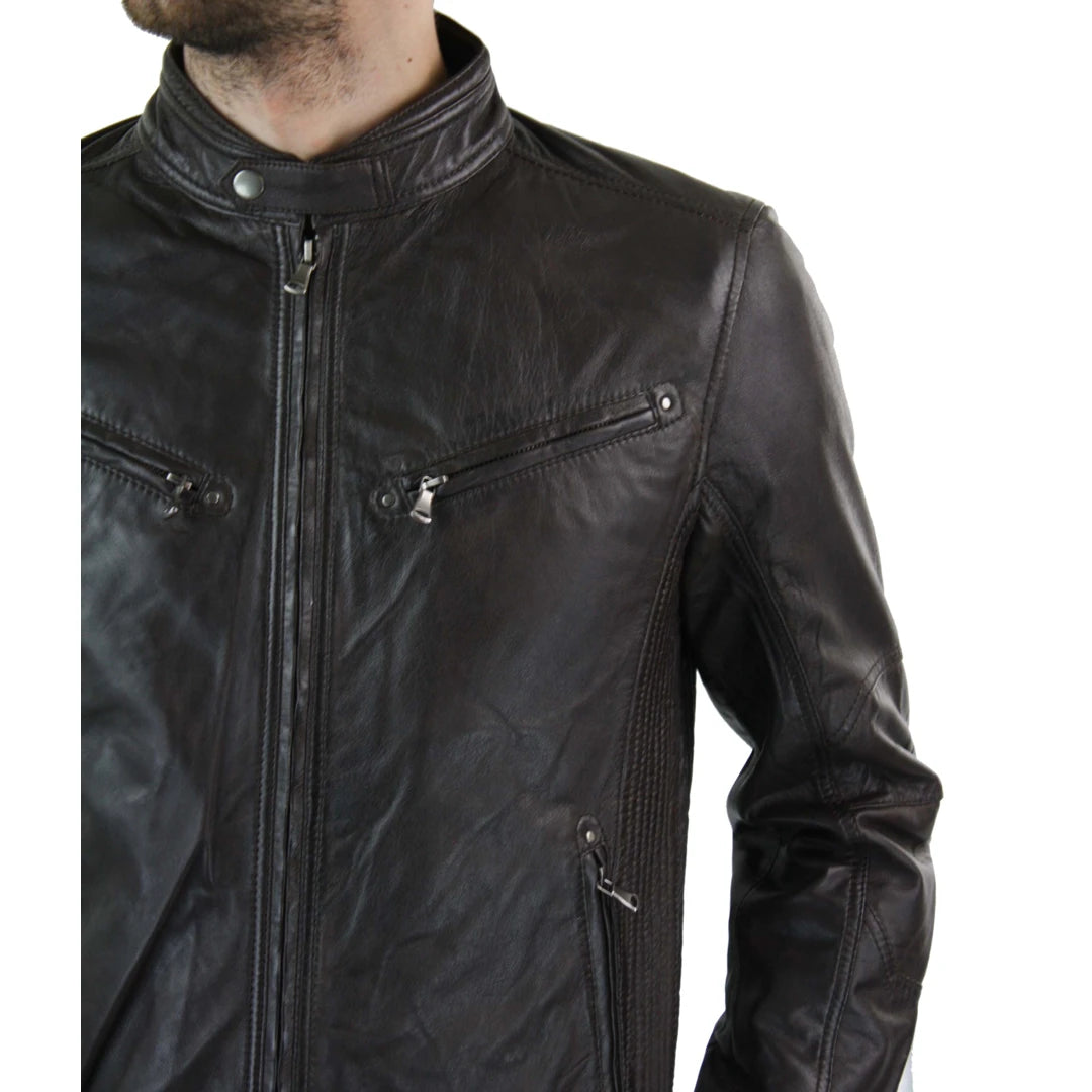 Mens Zipped Real Leather Biker Jacket Smart Casual Black Tan Brown Tailored Fit Vintage-TruClothing