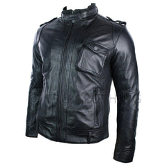 Men's black leather jacket outside pocket retro biker style slim fit-TruClothing
