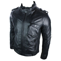 Men's black leather jacket outside pocket retro biker style slim fit-TruClothing