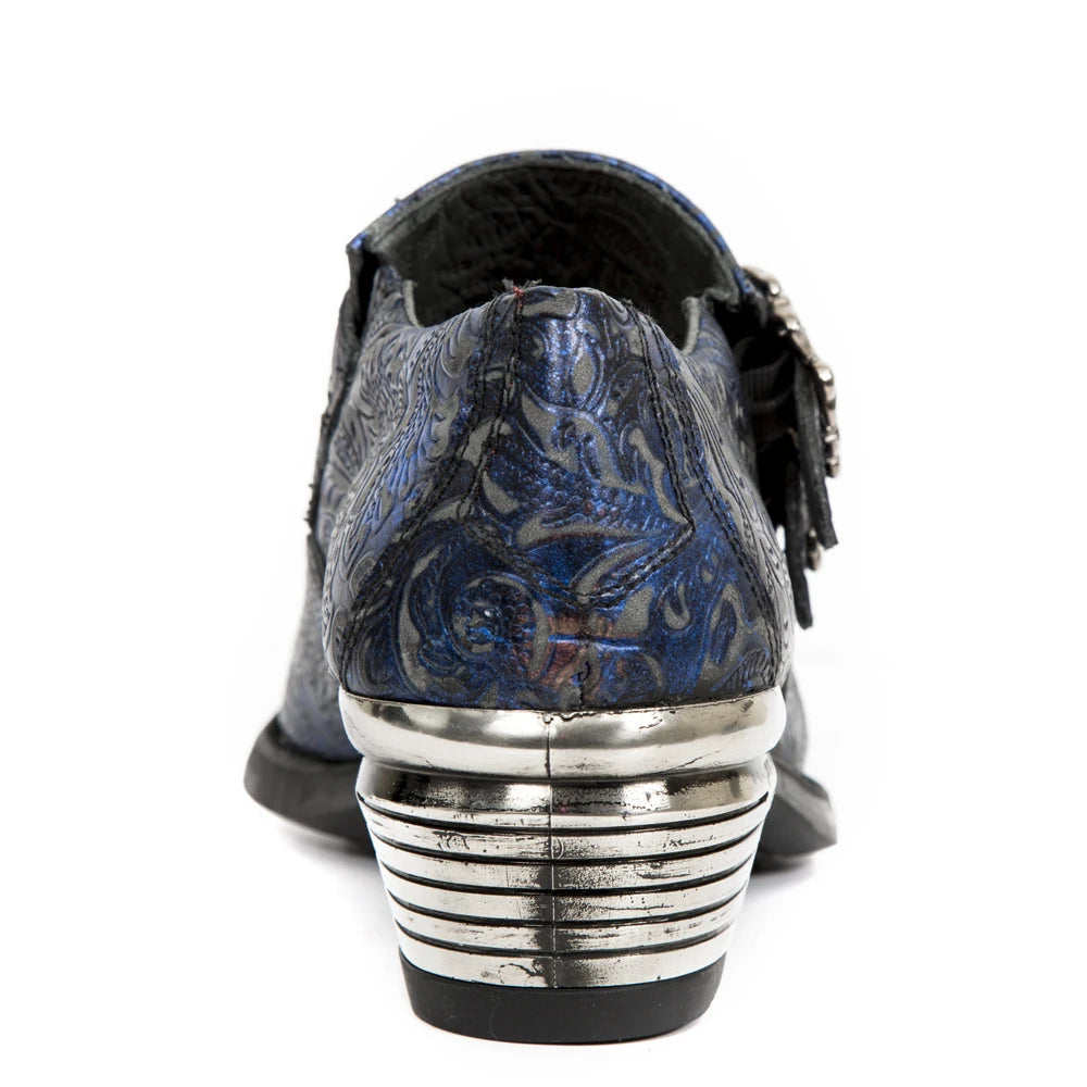 NEW ROCK 7960-S7 Shoe EMBOSSED VINTAGE Blue Leather Buckle Steel Heel Shoes-TruClothing