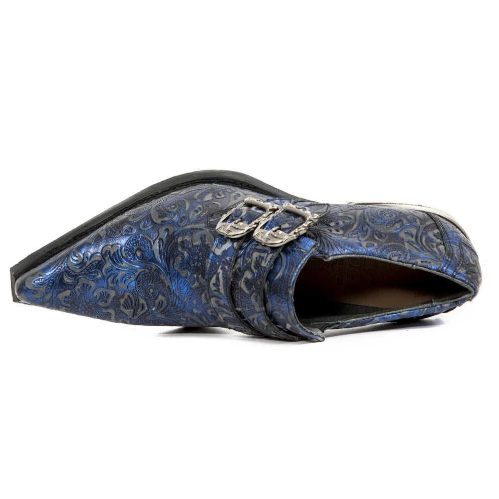 NEW ROCK 7960-S7 Shoe EMBOSSED VINTAGE Blue Leather Buckle Steel Heel Shoes-TruClothing
