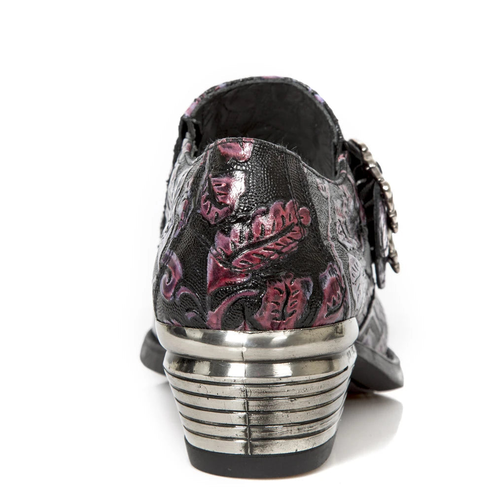 NEW ROCK 7960-S8 Shoe EMBOSSED VINTAGE Black Leather Buckle Steel Heel Shoes-TruClothing