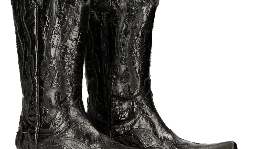 NEW ROCK M-7921-S1 BLACK FLAME BOOTS Black Leather Heavy Biker Western Cowboy-TruClothing