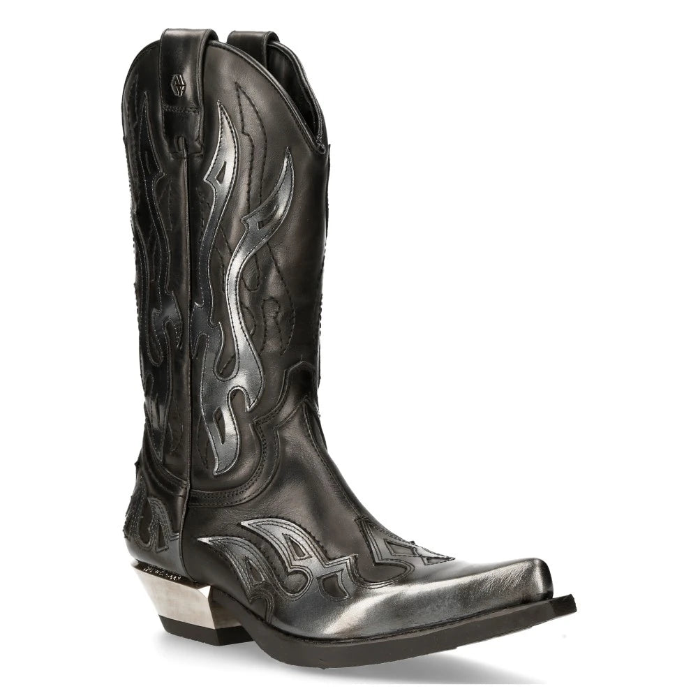 NEW ROCK M-7921-S3 SILVER FLAME BOOTS Black Leather Heavy Biker Western Cowboy-TruClothing