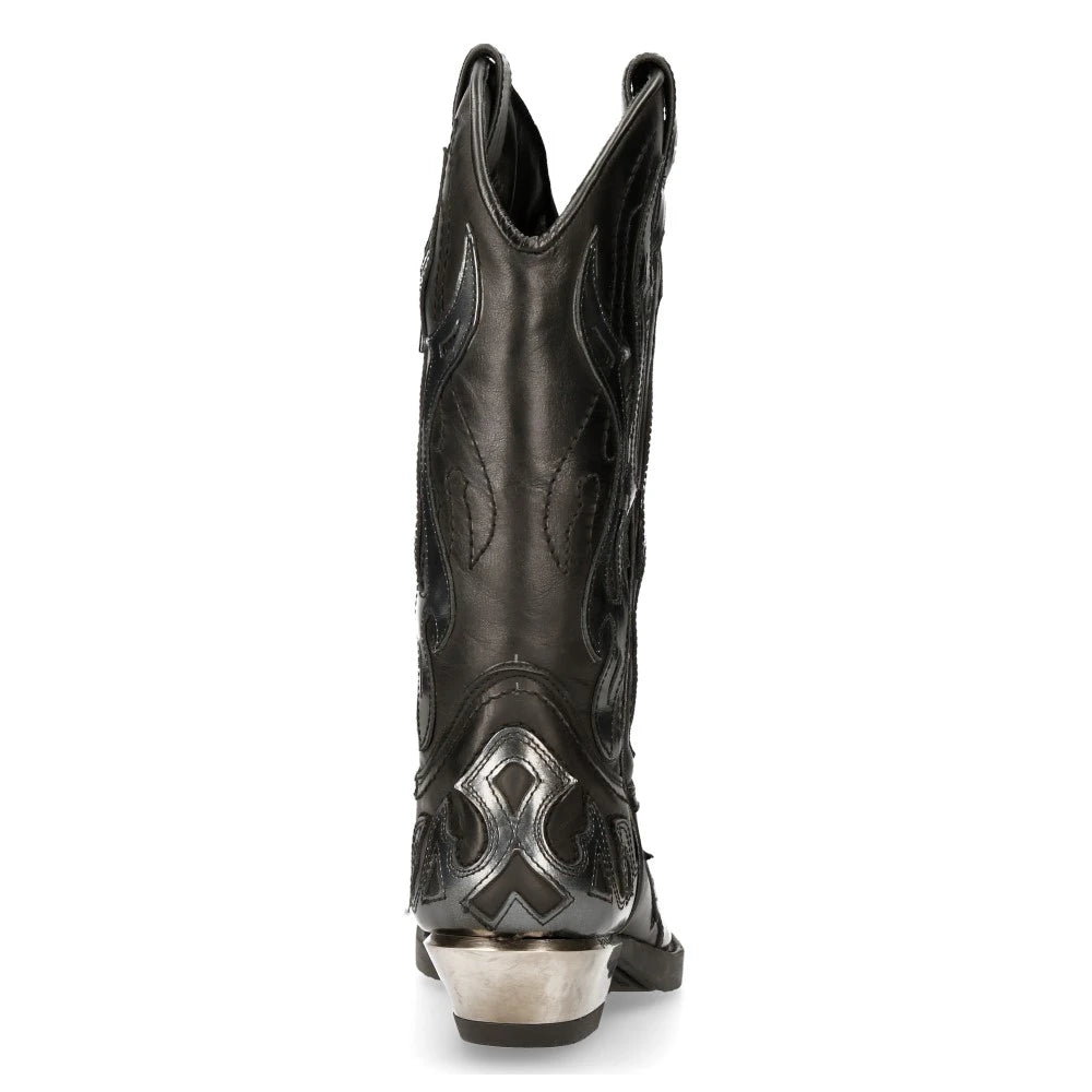 NEW ROCK M-7921-S3 SILVER FLAME BOOTS Black Leather Heavy Biker Western Cowboy-TruClothing