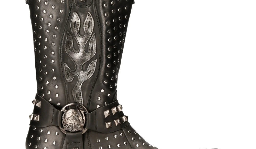 NEW ROCK M-7928-S1 WESTERN COWBOY BOOTS Black Leather Heavy Biker SILVER STUDS-TruClothing