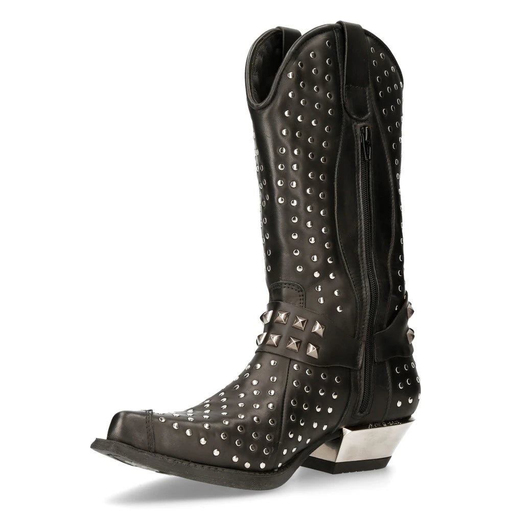NEW ROCK M-7928-S1 WESTERN COWBOY BOOTS Black Leather Heavy Biker SILVER STUDS-TruClothing