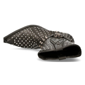 NEW ROCK M-7928-S1 WESTERN COWBOY BOOTS Black Leather Heavy Biker SILVER STUDS-TruClothing