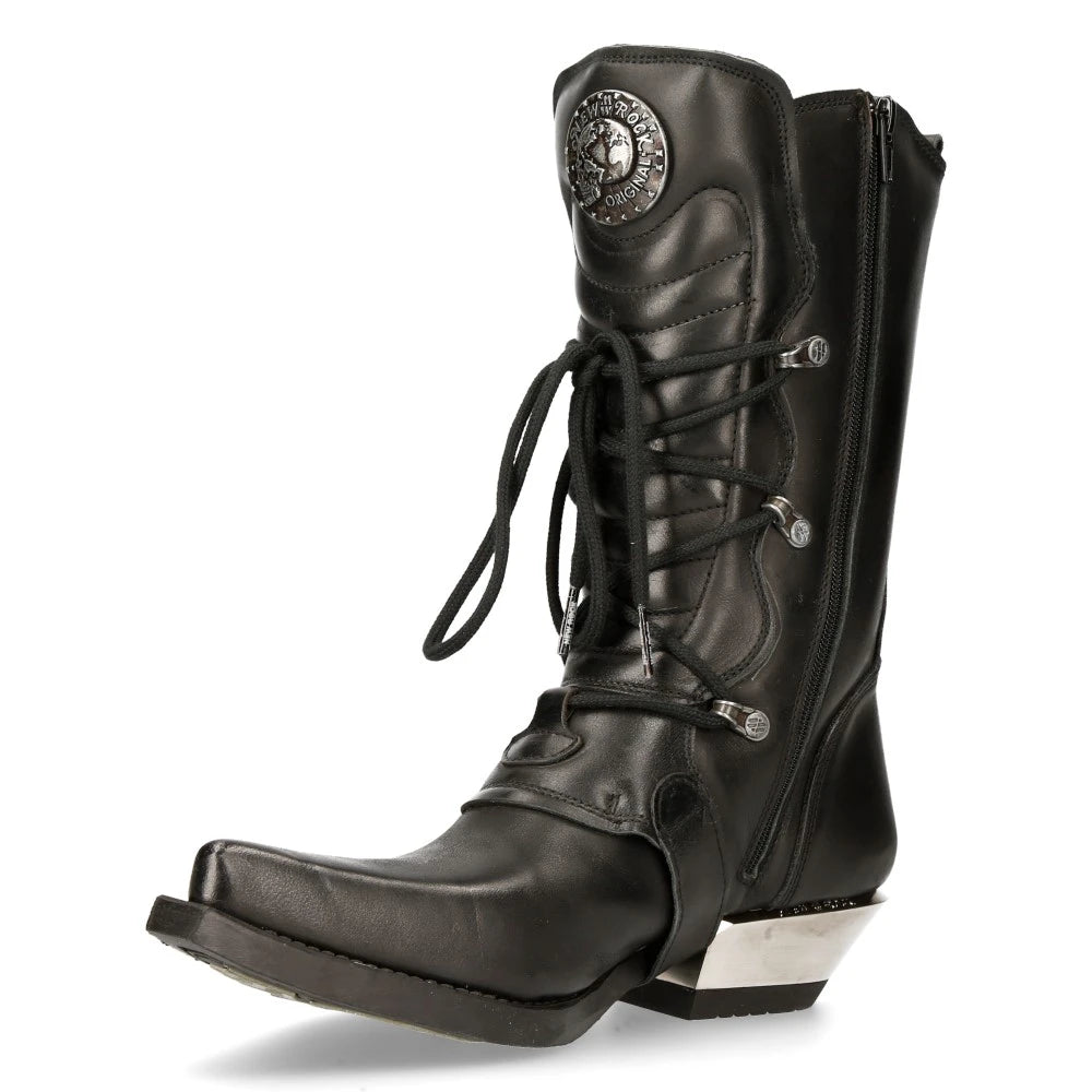 NEW ROCK M-7993-S1 WESTERN COWBOY BOOTS Black Leather Buckle Heavy Biker Shoes-TruClothing