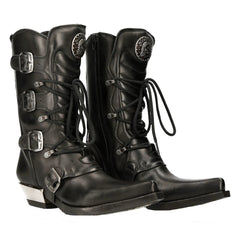 NEW ROCK M-7993-S1 WESTERN COWBOY BOOTS Black Leather Buckle Heavy Biker Shoes-TruClothing