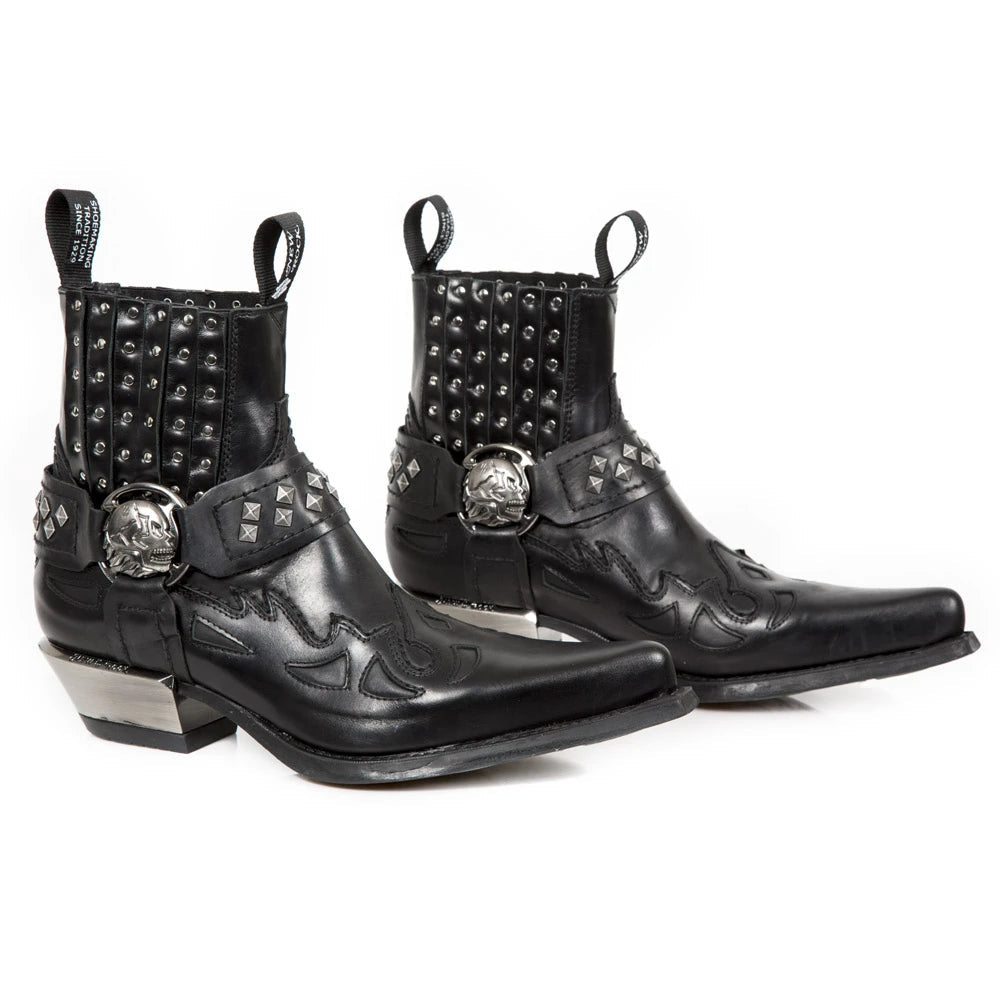 NEW ROCK M.7950-S1 Black Ankle Boots Western Goth Strap Skull Stud Metal-TruClothing