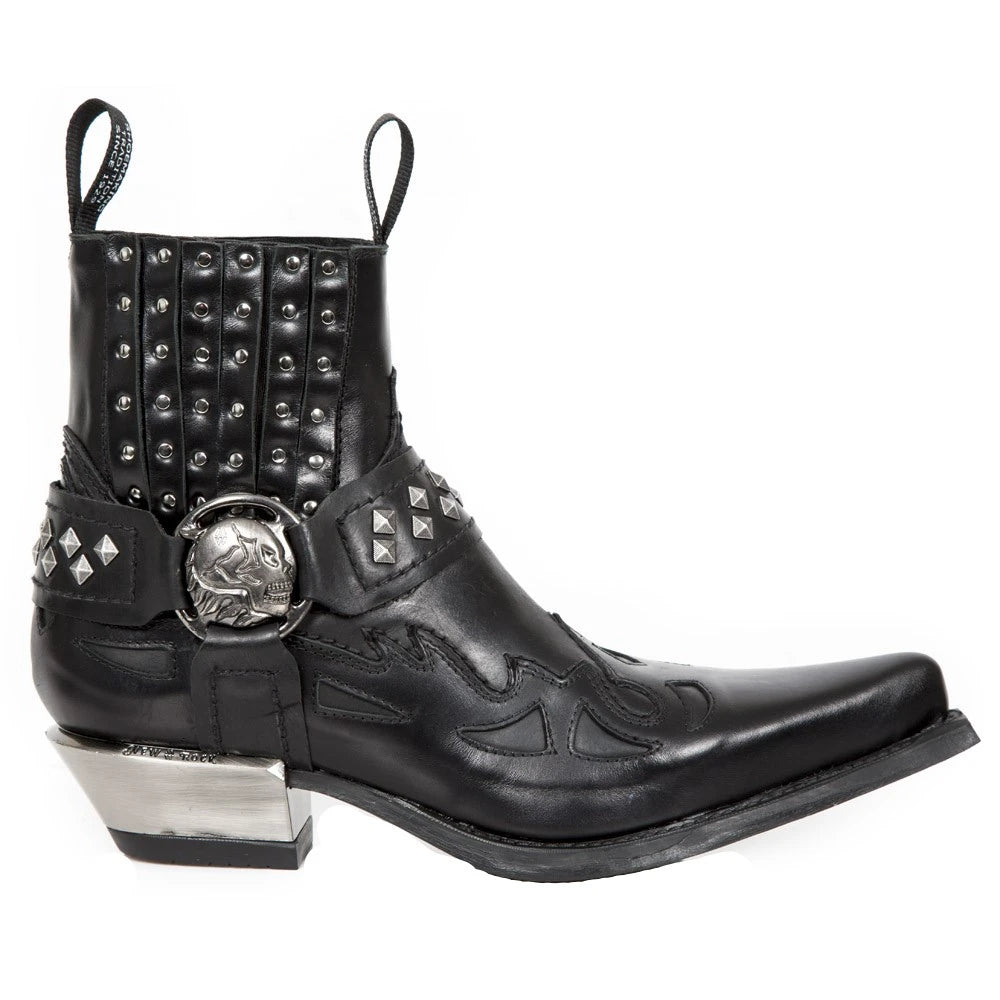 NEW ROCK M.7950-S1 Black Ankle Boots Western Goth Strap Skull Stud Metal-TruClothing