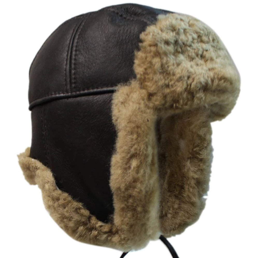 Navigator - Mens Real Shearling Sheepskin Pilot Aviator Trapper Hat Brown Flying Cap Leather Winter-TruClothing