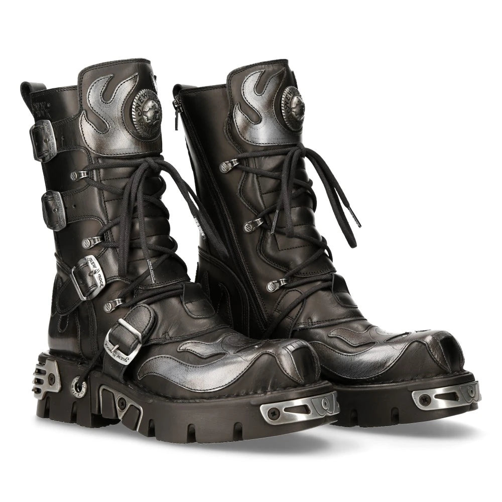 New Rock 107-S2 Black/Silver Gothic Leather Flame Boots-TruClothing
