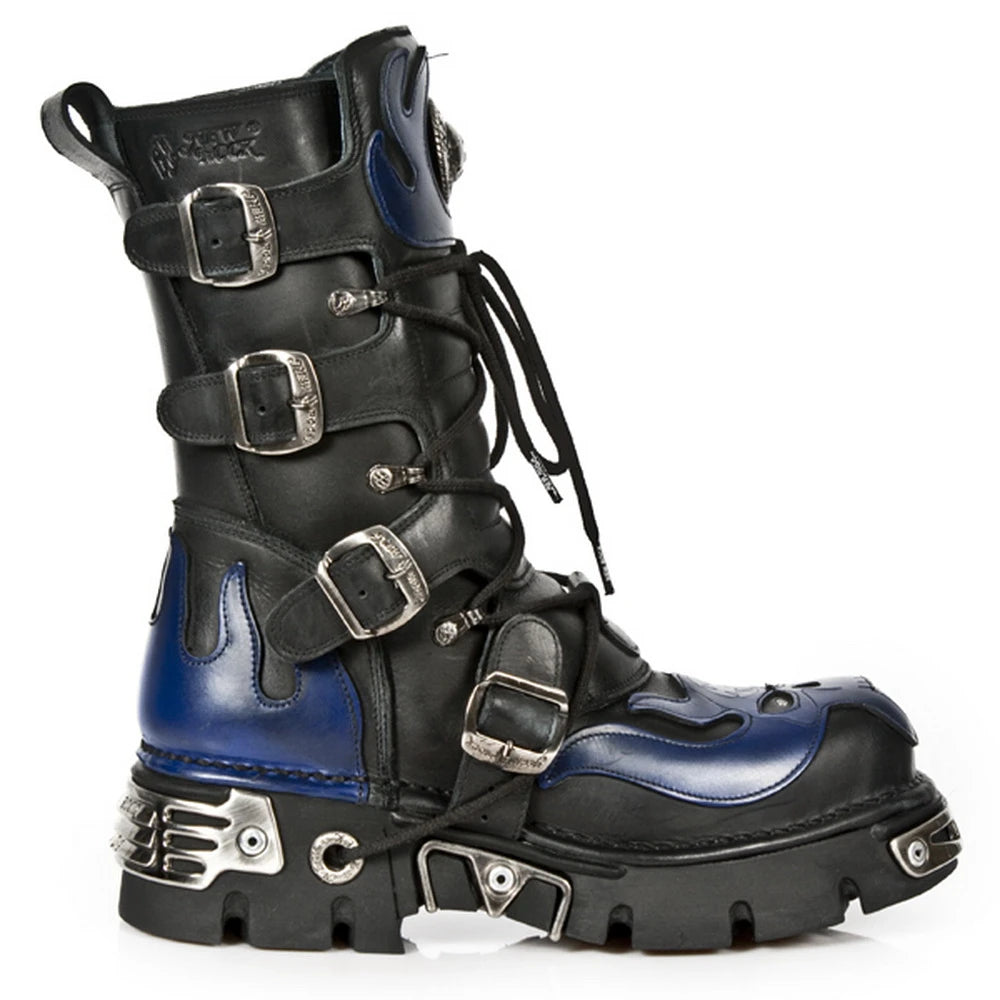 New Rock 107-S2 Mens 100% Leather Silver Skull Devil Metallic Boots-TruClothing
