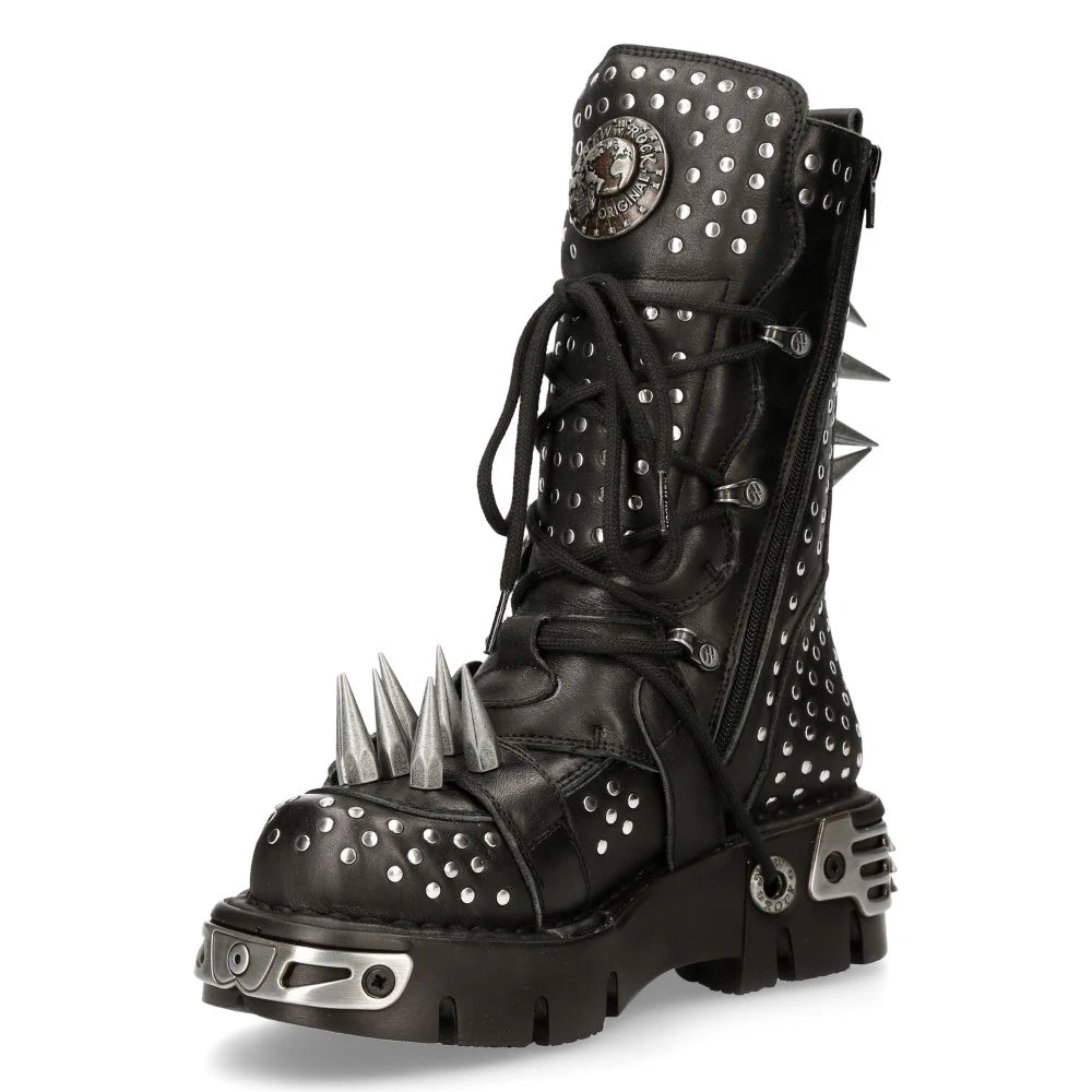 New Rock 1535-S1 Black Leather Military High Boots Metal Spikes Buckles Punk EMO-TruClothing