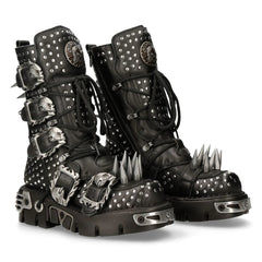 New Rock 1535-S1 Black Leather Military High Boots Metal Spikes Buckles Punk EMO-TruClothing