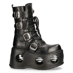 New Rock 373-S2 Metallic Black Leather Neptuno Platform Gothic Boots Buckle-TruClothing