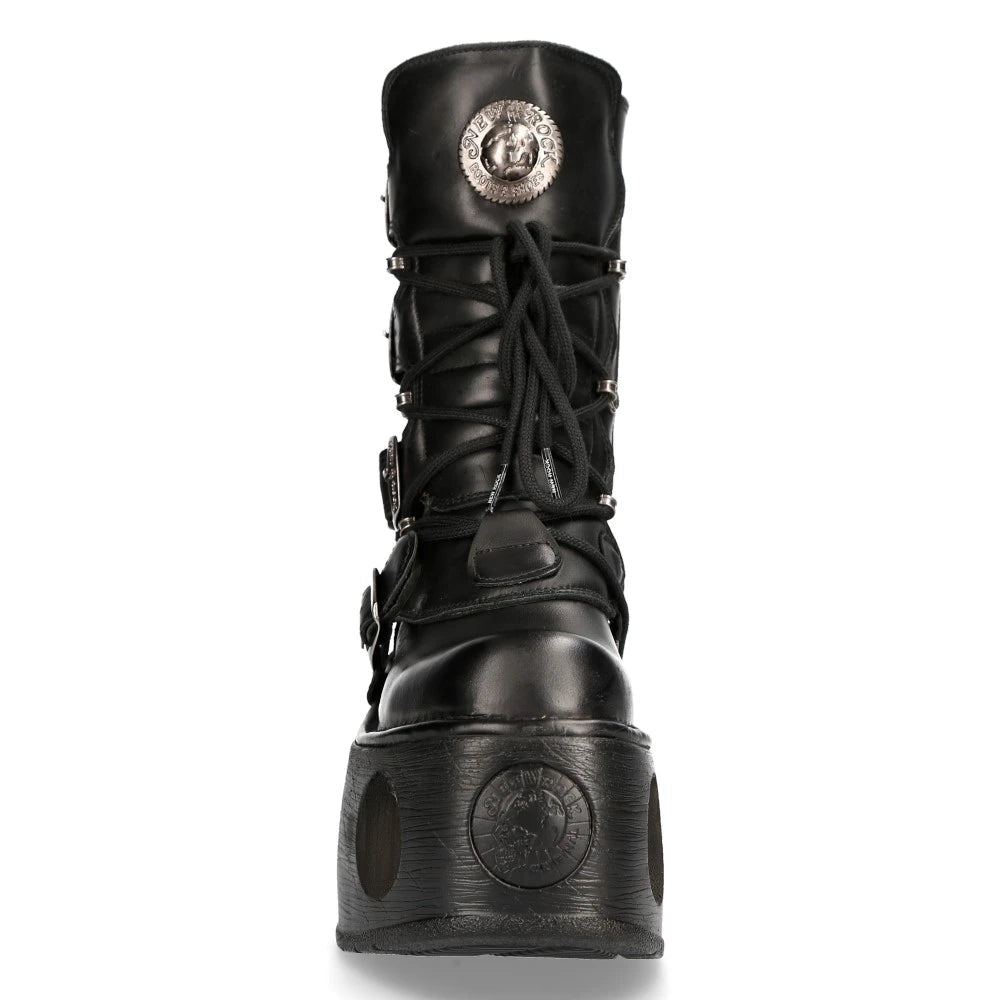 New Rock 373-S2 Metallic Black Leather Neptuno Platform Gothic Boots Buckle-TruClothing