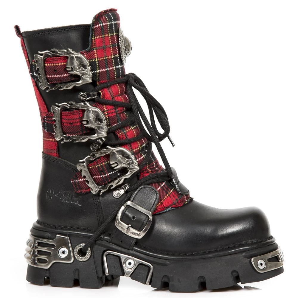 New Rock 391T S1 Black Leather Tartan Gothic Boots