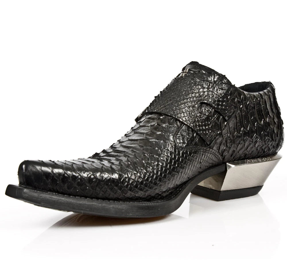 New Rock 7934-S2 Embossed Python Black Leather Buckle West Steel Heel Shoes Boot-TruClothing