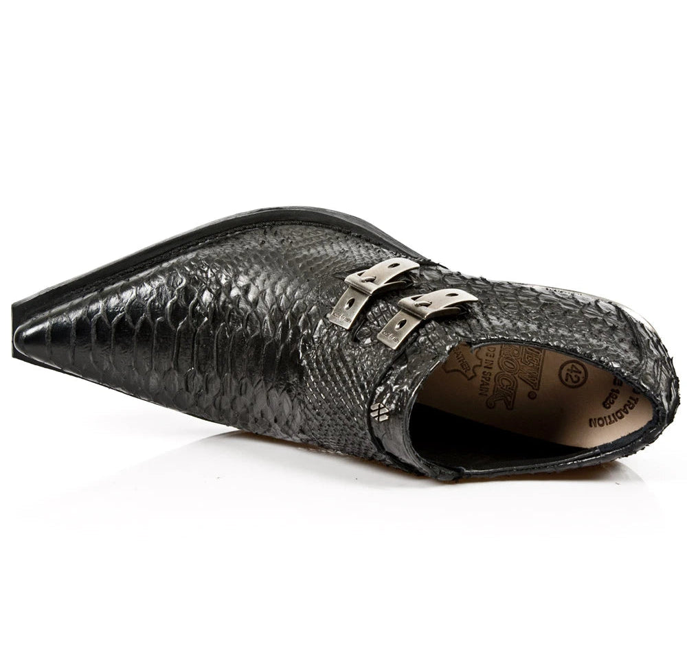 New Rock 7934-S2 Embossed Python Black Leather Buckle West Steel Heel Shoes Boot-TruClothing