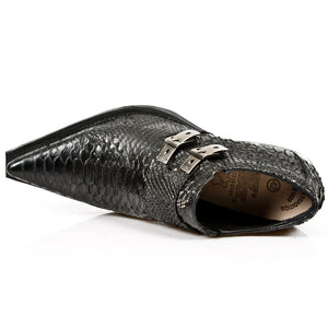 New Rock 7934-S2 Embossed Python Black Leather Buckle West Steel Heel Shoes Boot-TruClothing