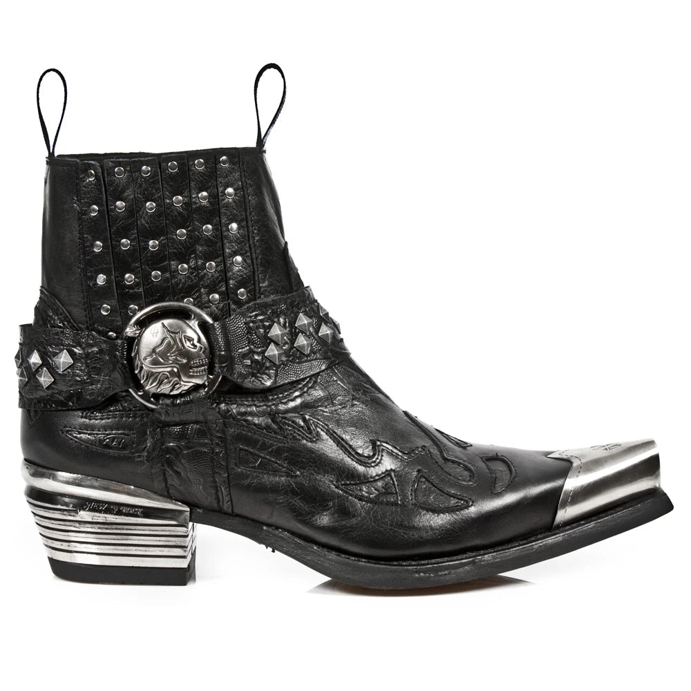 New Rock 7950P-S1 Black Leather Military Cowboy Boots Metal Toe Heel Biker Rock-TruClothing