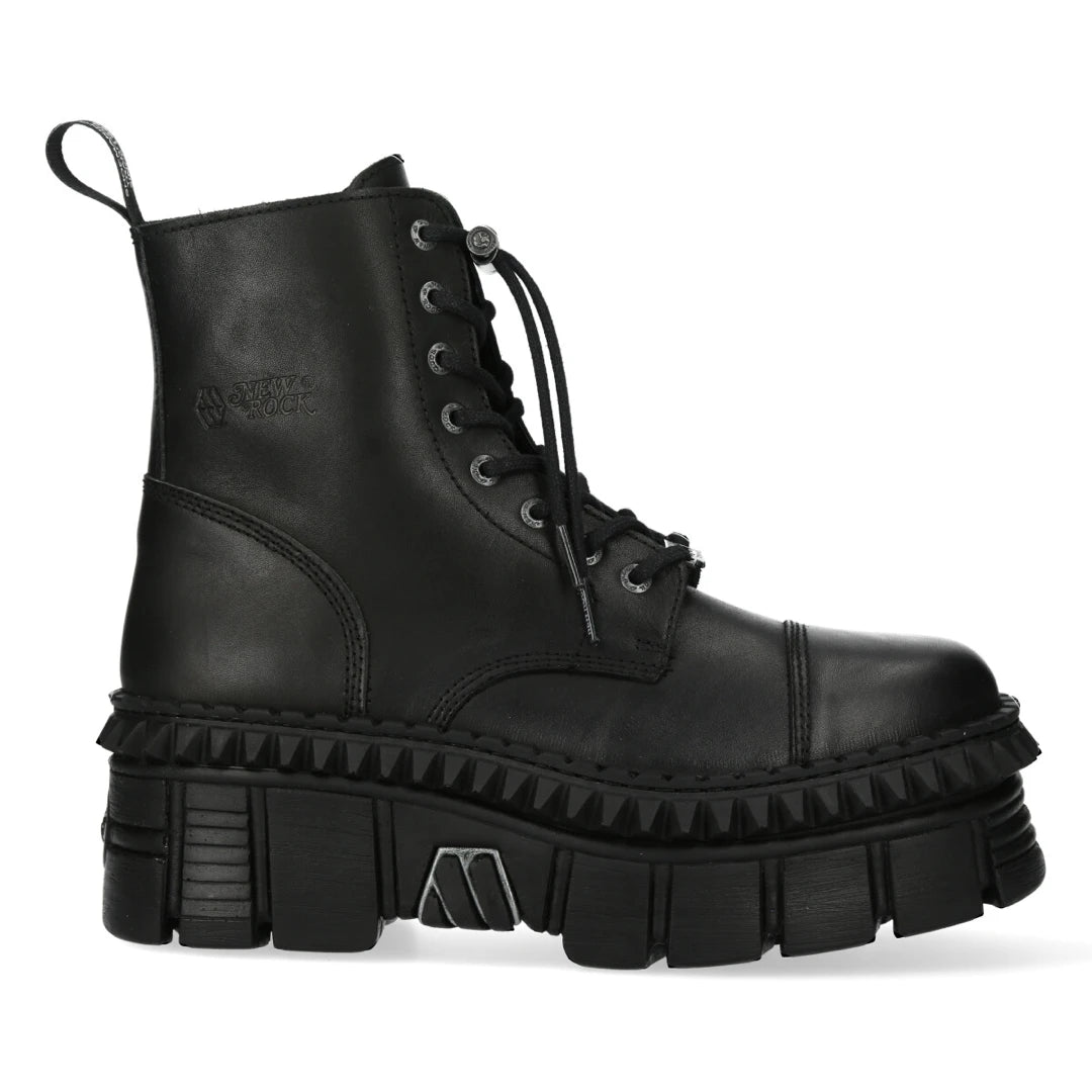 New Rock Boots Punk WALL083CCT-S6 Metallic Black Leather Platform Ankle Shoes-TruClothing