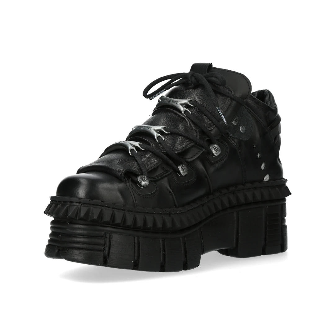 New Rock Boots Punk WALL106-S13 Metallic Black Leather Platform Ankle Shoes-TruClothing