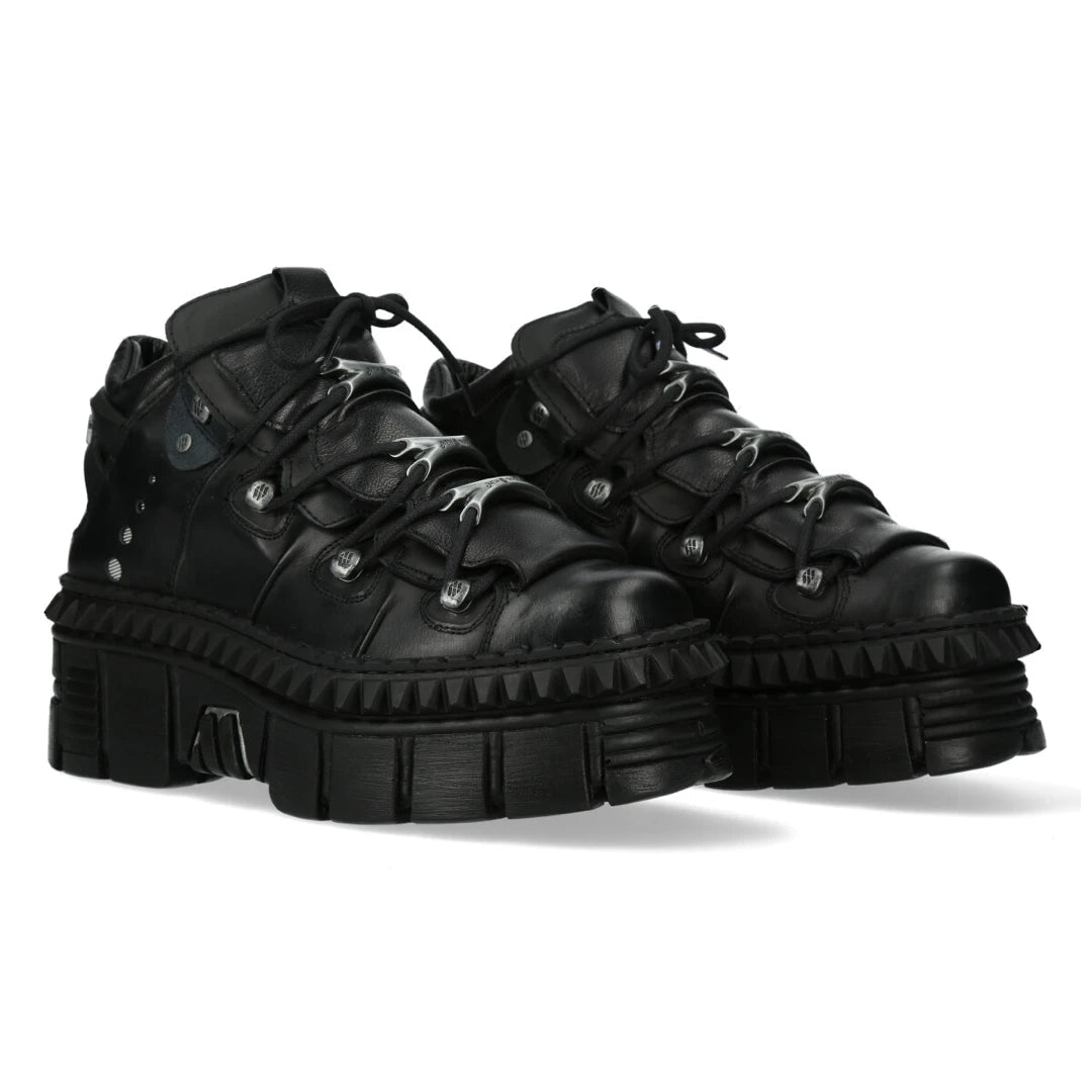 New Rock Boots Punk WALL106-S13 Metallic Black Leather Platform Ankle Shoes-TruClothing