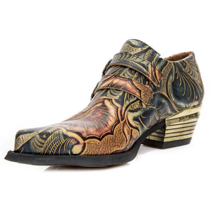 New Rock M-7960-s14 Embossed Vintage Shoes Black Leather Buckle Steel Heel-TruClothing