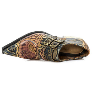 New Rock M-7960-s14 Embossed Vintage Shoes Black Leather Buckle Steel Heel-TruClothing