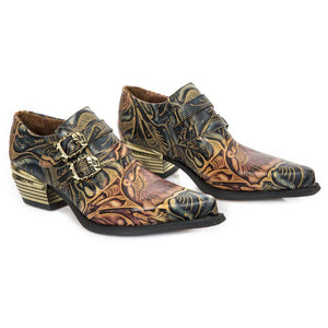 New Rock M-7960-s14 Embossed Vintage Shoes Black Leather Buckle Steel Heel-TruClothing
