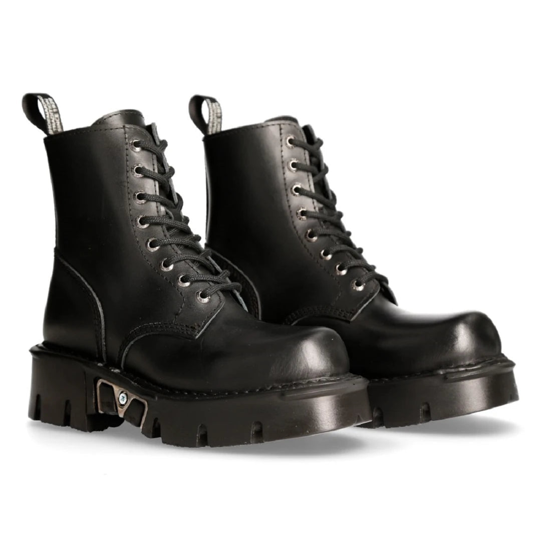 New Rock M-MILI084N-S Unisex Metallic Black 100% Leather Platform Military Boots-TruClothing