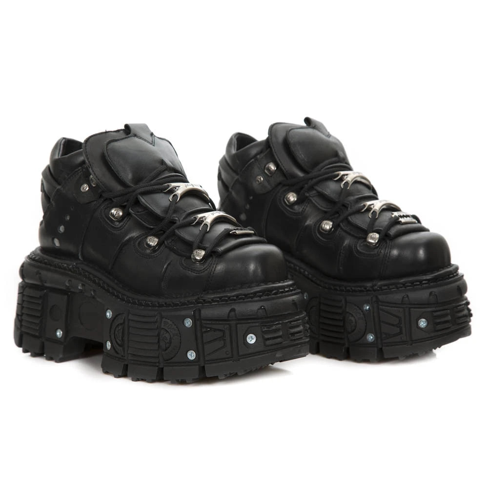 New Rock M-TANK106-C2 Unisex Black 100% Leather Goth Platform Space Shoes-TruClothing