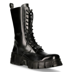 New Rock M-WALL027N-C2 Boots Black Leather Wall Rock Biker Mid-Calf Tower Boots-TruClothing