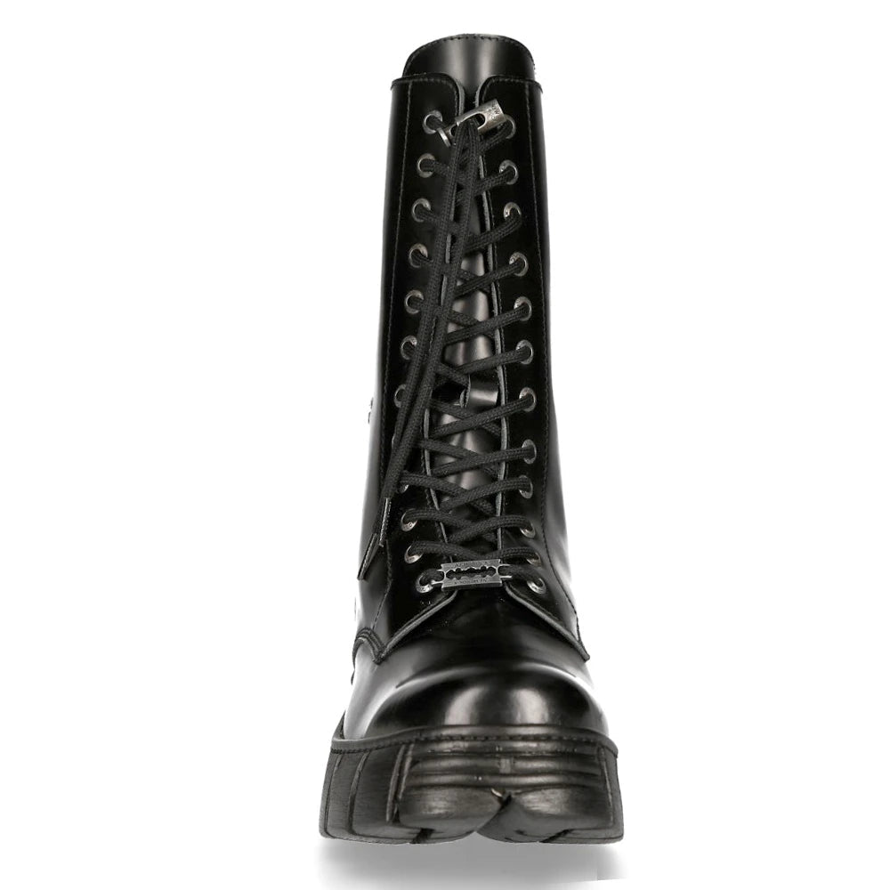 New Rock M-WALL027N-C2 Boots Black Leather Wall Rock Biker Mid-Calf Tower Boots-TruClothing