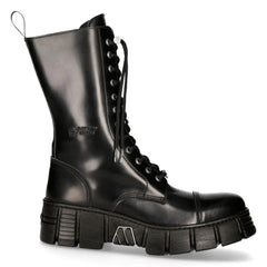 New Rock M-WALL127N-C1 Boots Black Leather Wall Rock Biker Mid-Calf Tower Boots-TruClothing