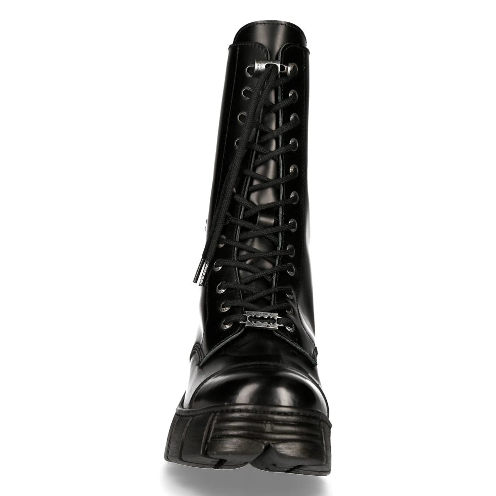 New Rock M-WALL127N-C1 Boots Black Leather Wall Rock Biker Mid-Calf Tower Boots-TruClothing