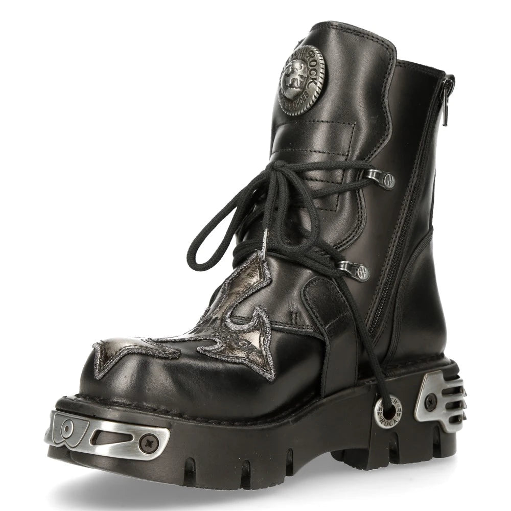 New Rock Mens 407-S1 Silver Cross Black Reactor Sole Leather Ankle Boots Gothic-TruClothing
