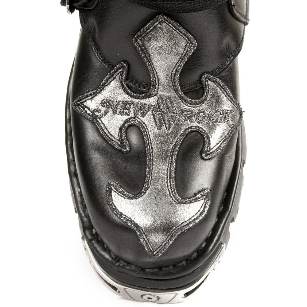 New Rock Mens 407-S1 Silver Cross Black Reactor Sole Leather Ankle Boots Gothic-TruClothing