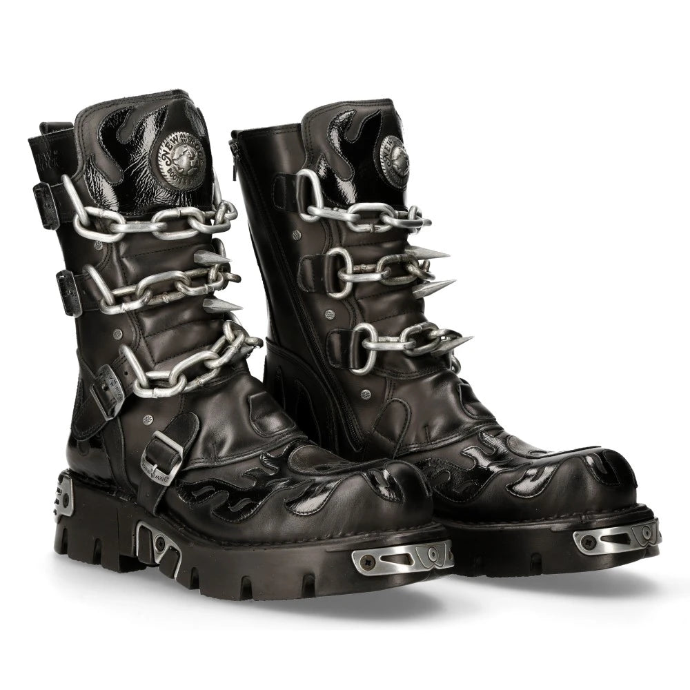 New Rock Mens Black Leather Skull Flame Reactor Boots M.727-S1-TruClothing