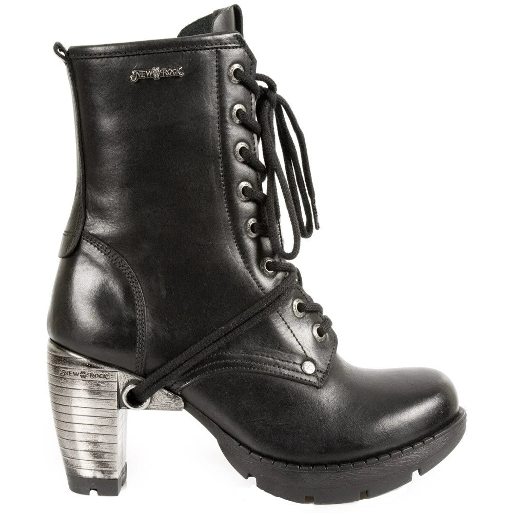 New Rock TR001-S1 Ladies Trail Black 100% Leather Gothic Punk Lace Boots-TruClothing