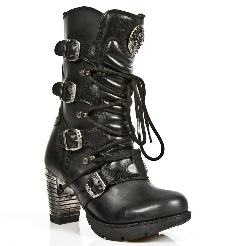 New Rock TR003-S1 womens Platform Heel Metal Rock Punk Laces Mid Boots Goth-TruClothing