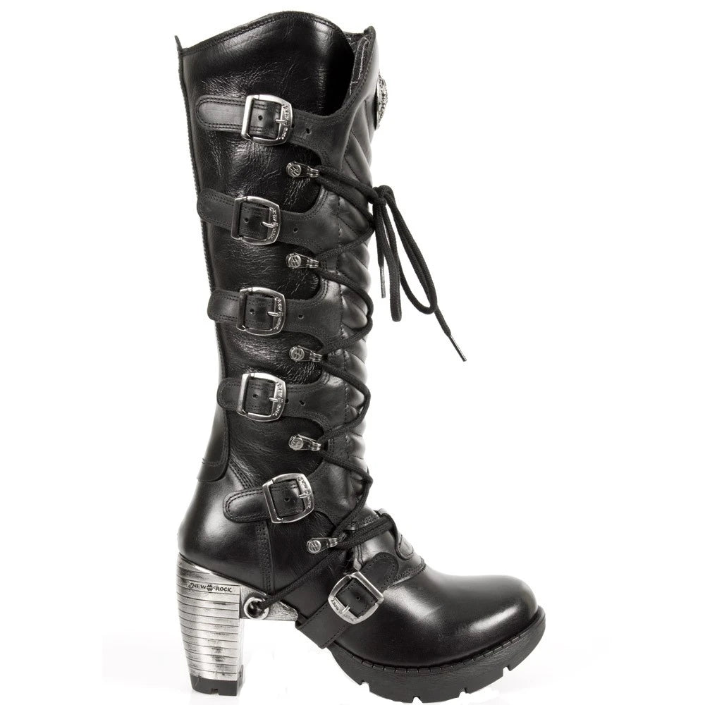 New Rock TR004-S1 Ladies Black 100% Leather Buckle Lace Knee High Biker Boots-TruClothing
