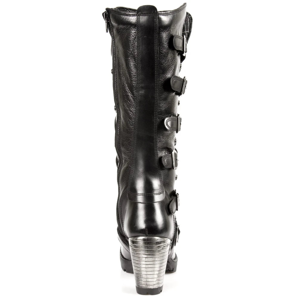 New Rock TR004-S1 Ladies Black 100% Leather Buckle Lace Knee High Biker Boots-TruClothing