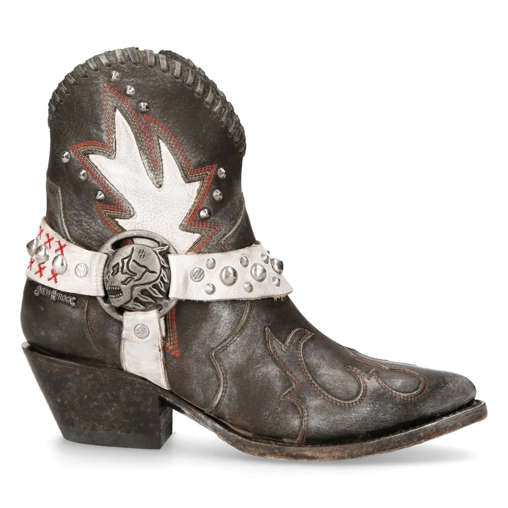 New Rock WSTM004-S2 Grey White Leather Cowboy Western Pointed Boots Vintage-TruClothing