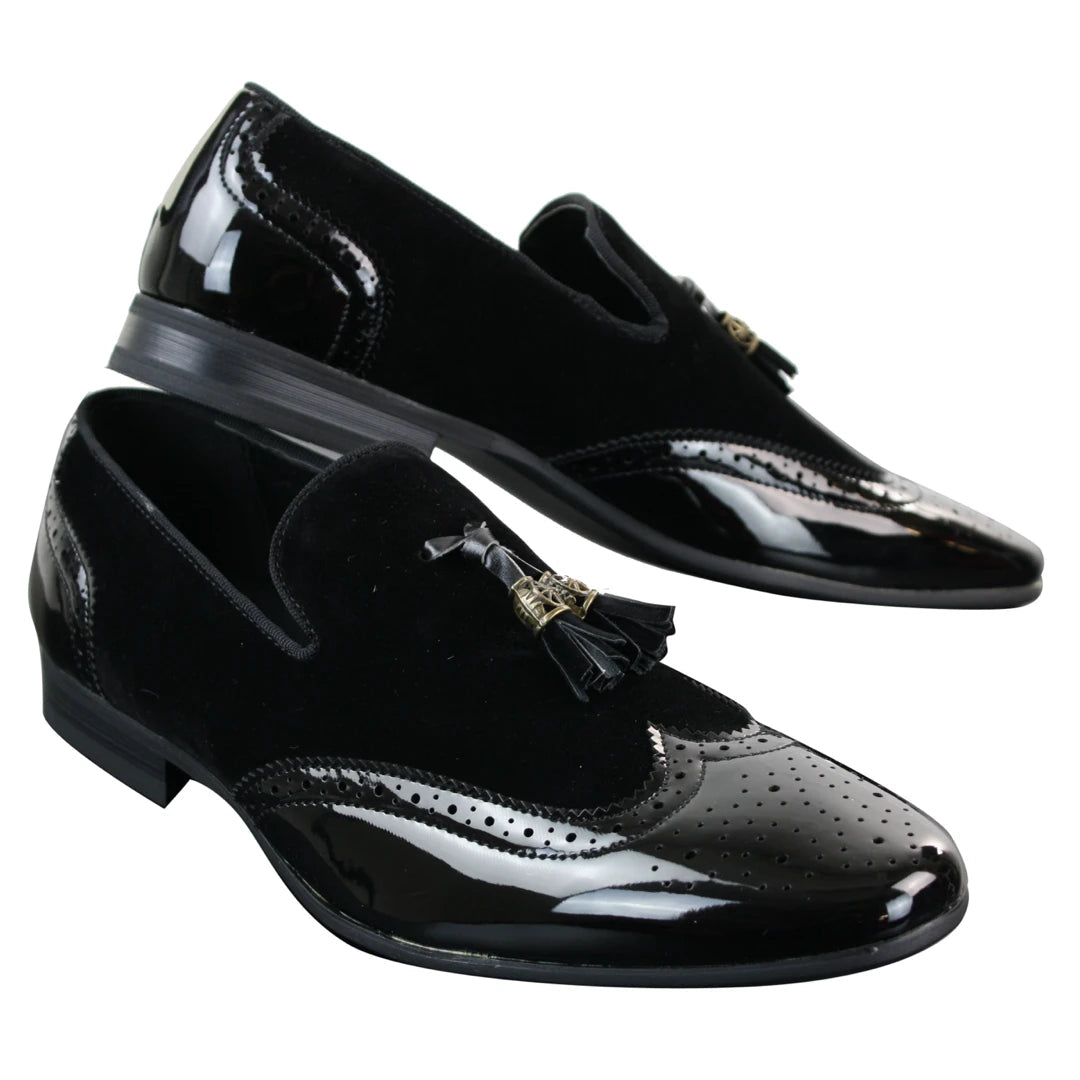 Patron 239-10 Mens Slip On Tassel Driving Shoes Shiny Black Patent Leather PU Suede Loafers-TruClothing